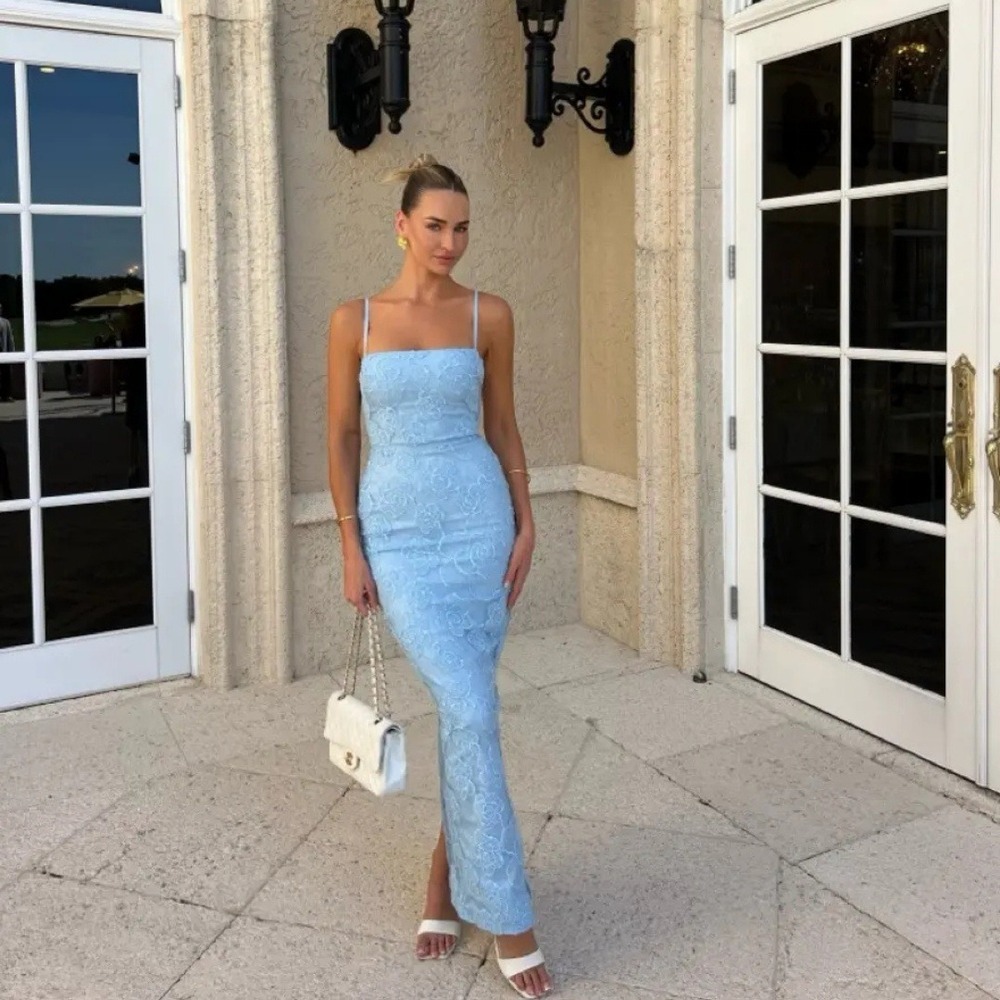 House of CB | Eva Embroidered Floral Corset Maxi Dress in Tuscan Blue | Large